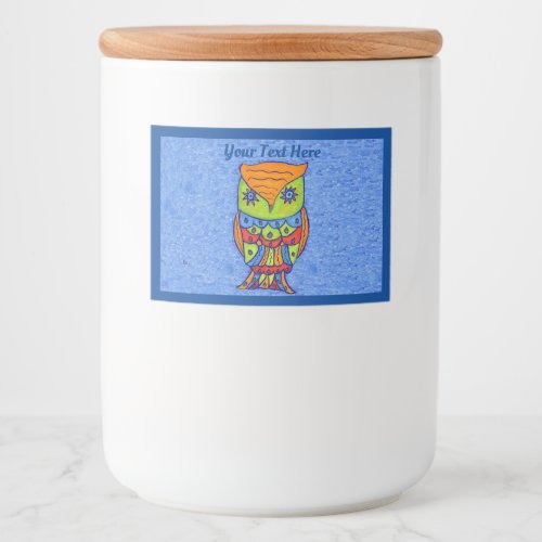 Fantasy Owl in Neon Colors on Mixed Shades of Blue Food Label