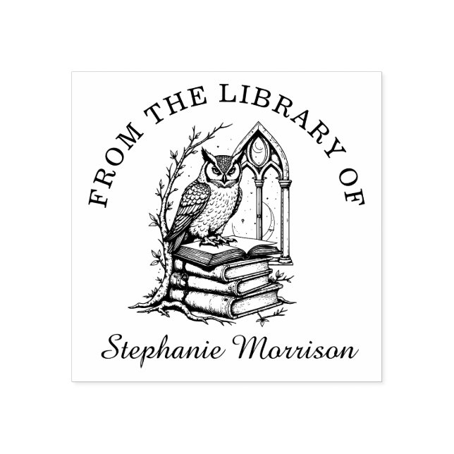 Fantasy Owl Library Ex Libris Bookplate Stamp (Imprint)