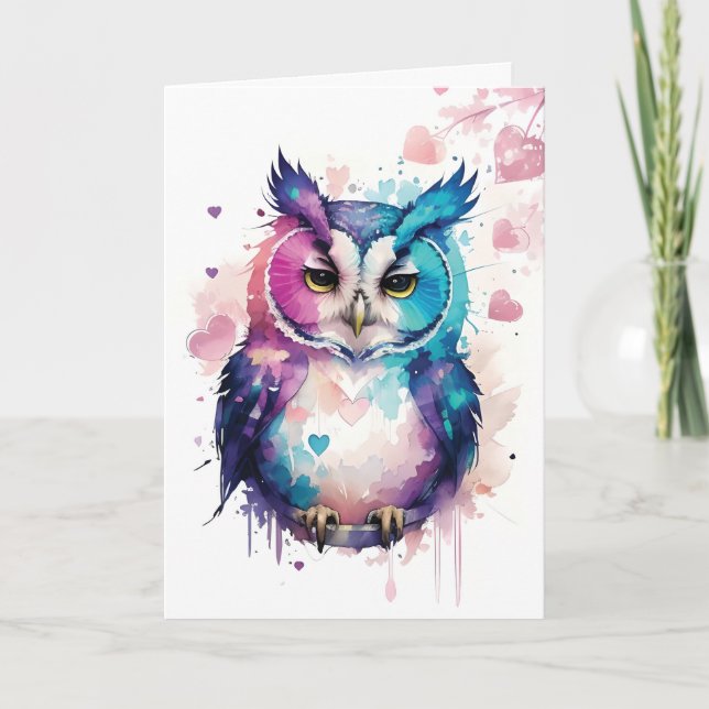 Fantasy Owl with Hearts Valentine Card (Front)