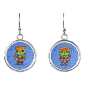 Fantasy Owls Orange Head Green Face Star Eyes Blue Earrings
