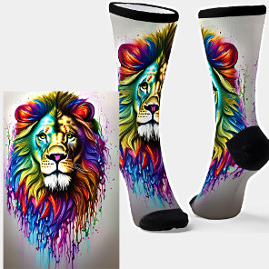 Fantasy Paint Drip Bright Rainbow Colors Lion Leo  Socks