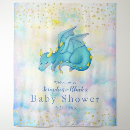 Fantasy Pastel Blue Dragon Baby Shower Backdrop