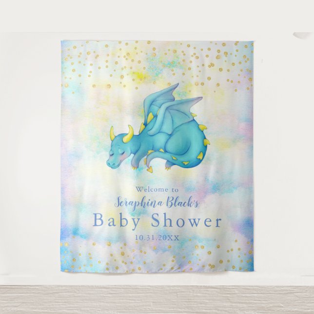 Fantasy Pastel Blue Dragon Baby Shower Backdrop (Front)