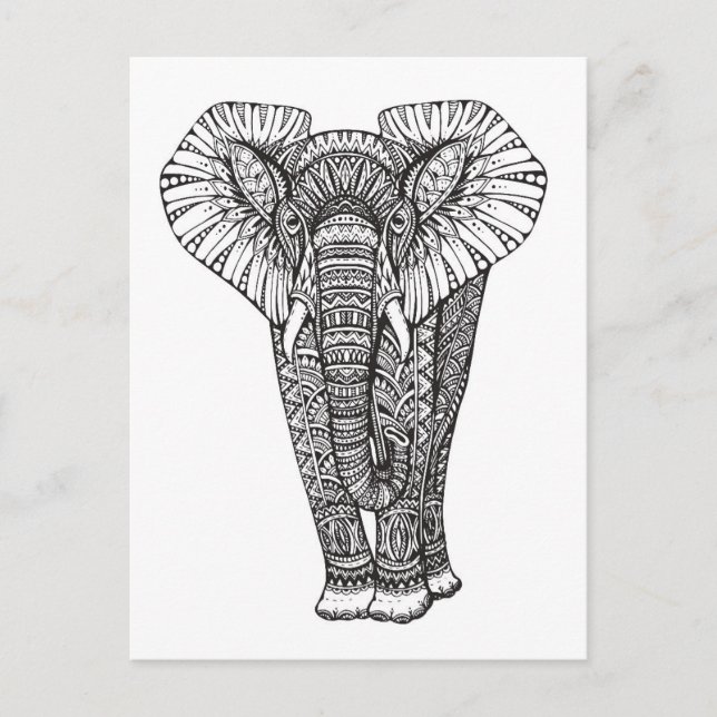 Fantasy Patterned Elephant Doodle Postcard (Front)