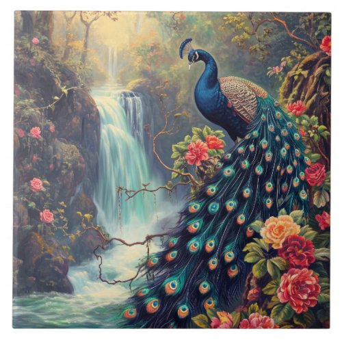 Fantasy Peacock and Waterfall Ceramic Tile