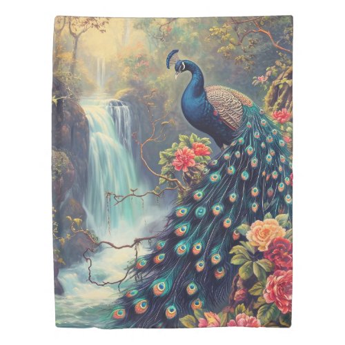 Fantasy Peacock and Waterfall Duvet Cover