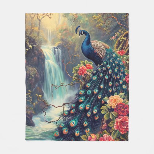 Fantasy Peacock and Waterfall Fleece Blanket