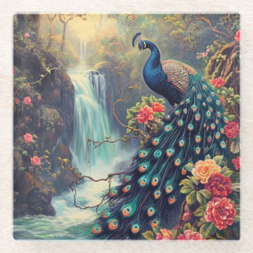 Fantasy Peacock and Waterfall Glass Coaster
