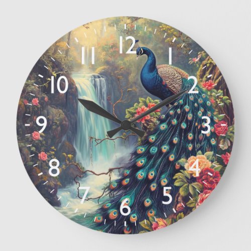 Fantasy Peacock and Waterfall Large Clock