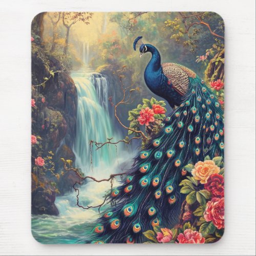 Fantasy Peacock and Waterfall Mouse Pad