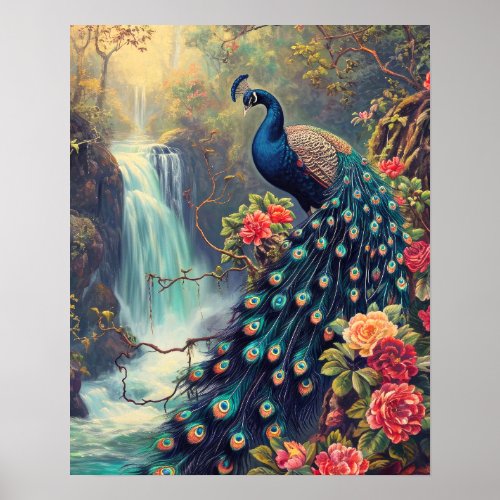 Fantasy Peacock and Waterfall Poster