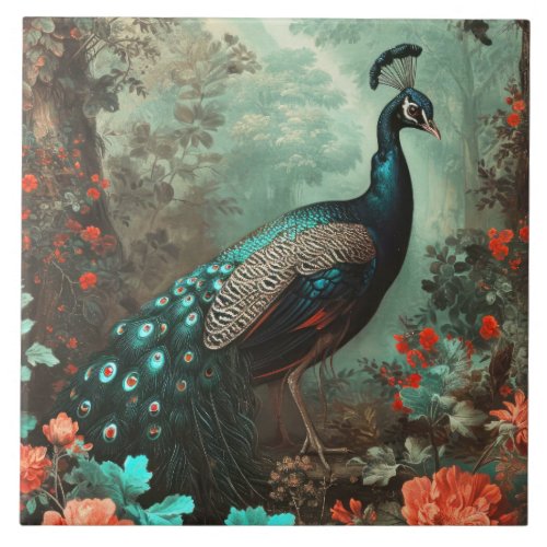 Fantasy Peacock in Forest of Flowers Ceramic Tile