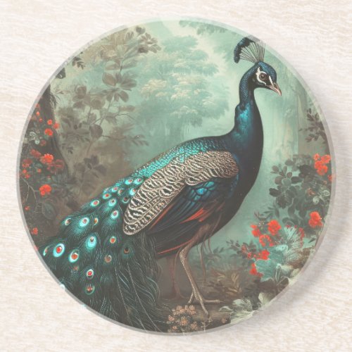 Fantasy Peacock in Forest of Flowers Coaster