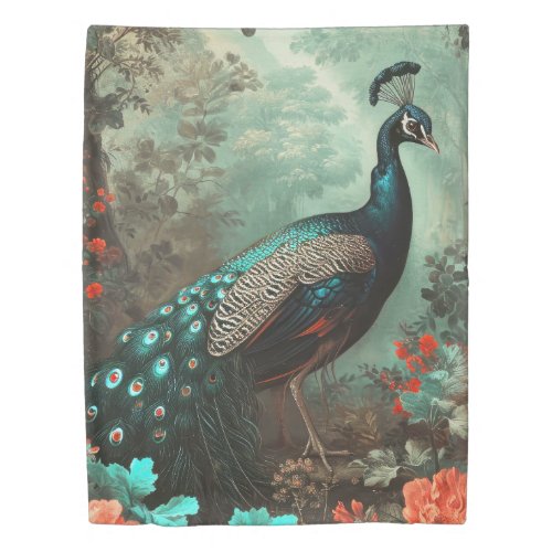 Fantasy Peacock in Forest of Flowers Duvet Cover