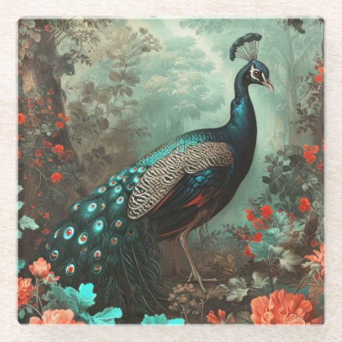 Fantasy Peacock in Forest of Flowers Glass Coaster