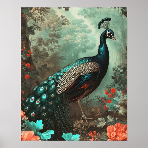 Fantasy Peacock in Forest of Flowers Poster