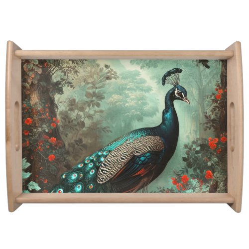 Fantasy Peacock in Forest of Flowers Serving Tray