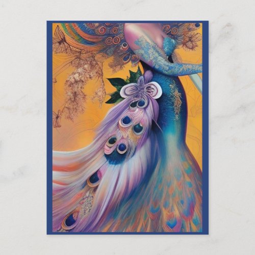Fantasy Peacock Wedding Dress Fairytale Bride Postcard