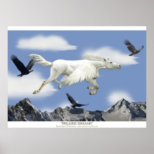 Fantasy Pegasus Flying Horse and Eagle Mountains Poster