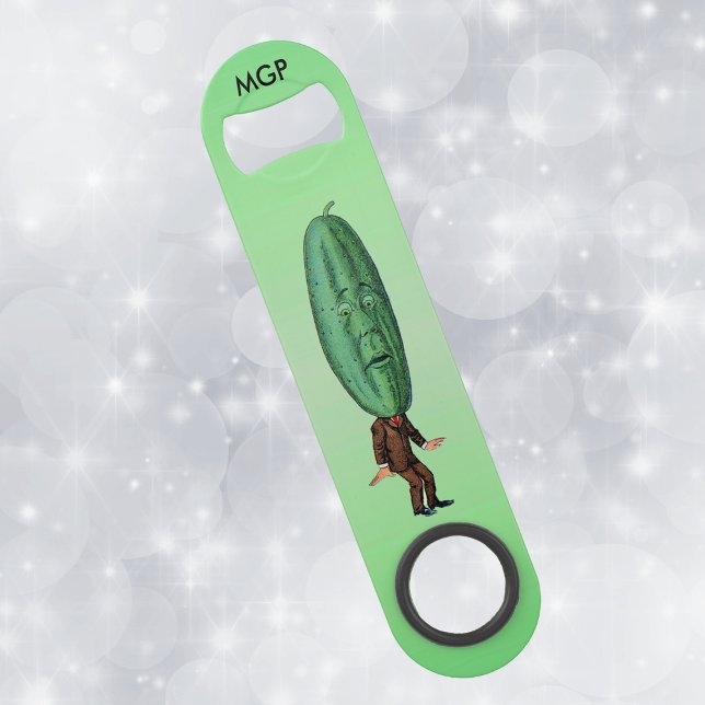 Fantasy Pickle Man Brown Suit Bar Key (Silly man in brown suit with big green pickle head and face on green bottle opener.)