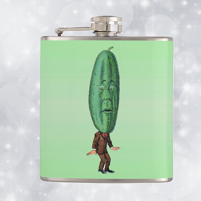 Fantasy Pickle Man Brown Suit Hip Flask (silly man in brown suit big green pickle head with face on light green drinking flask.)