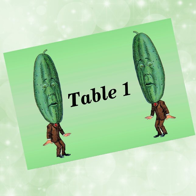 Fantasy Pickle Man Brown Suit Table Number (Fun men in suit with green pickle heads with faces on light green event table number cards.)