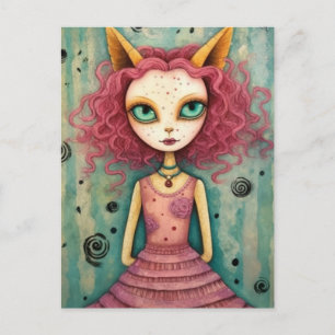 Fantasy Pink Cat Alien Woman Mixed Media Postcard