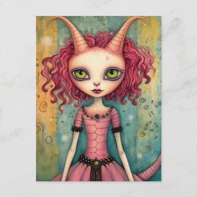 Fantasy Pink Cat Alien Woman Mixed Media Postcard (Front)