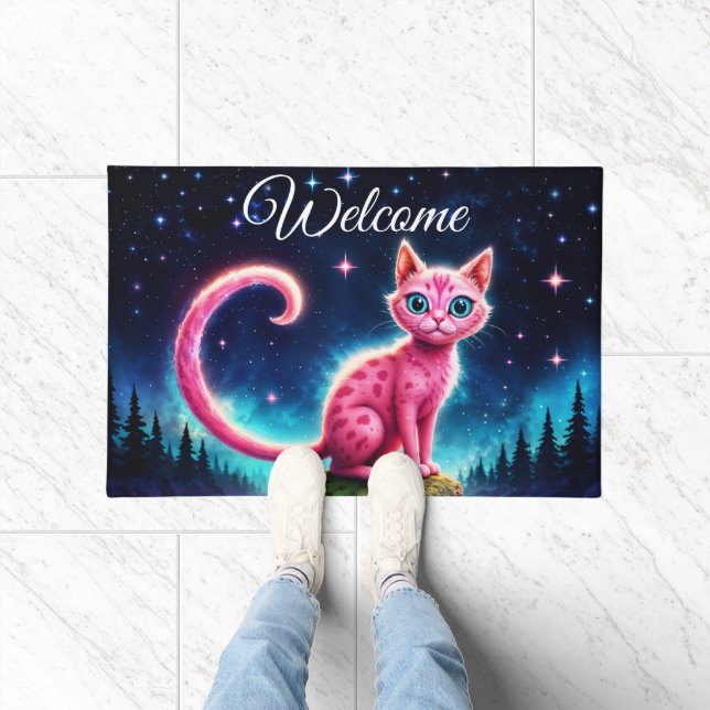 Fantasy pink cat in magic starry night forest doormat (Indoor)