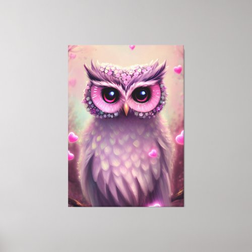 Fantasy Pink Fluffy Kawaii Owl   Canvas Print