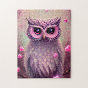 Fantasy Pink Fluffy Kawaii Owl Jigsaw Puzzle