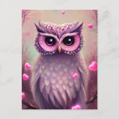 Fantasy Pink Fluffy Kawaii Owl  Postcard