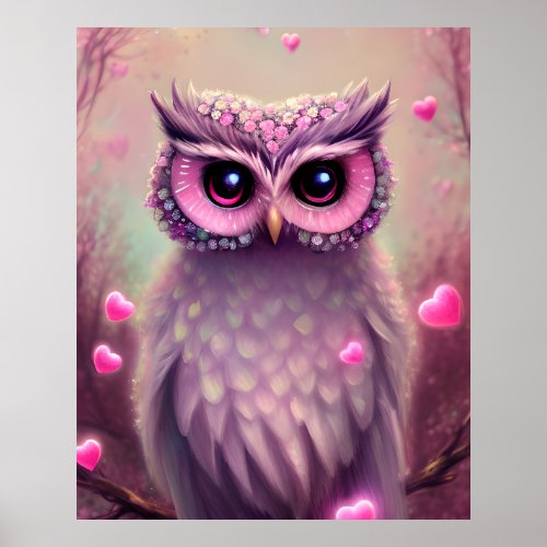 Fantasy Pink Fluffy Kawaii Owl Poster