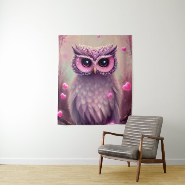 Fantasy Pink Fluffy Kawaii Owl  Tapestry (In Situ)