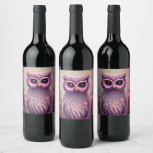 Fantasy Pink Fluffy Kawaii Owl  Wine Label