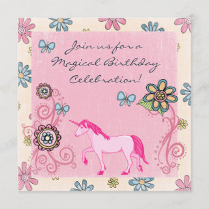 Fantasy Pink Unicorn and Flowers Birthday Invite