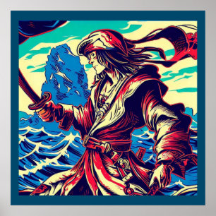 Fantasy Pirate Anime - Woodcut 2 Poster