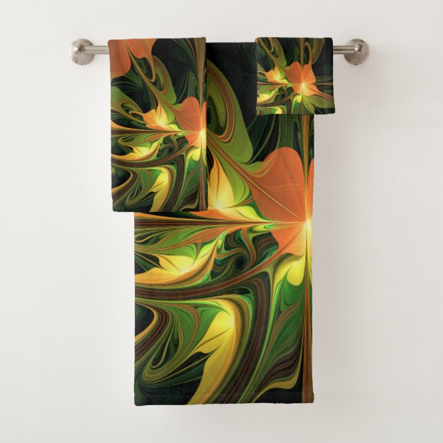 Fantasy Plant Abstract Green Rust Brown Fractal Bath Towel Set (Insitu)
