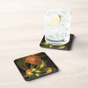 Fantasy Plant Abstract Green Rust Brown Fractal Beverage Coaster