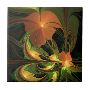 Fantasy Plant Abstract Green Rust Brown Fractal Ceramic Tile