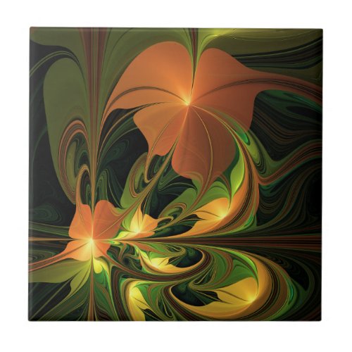 Fantasy Plant Abstract Green Rust Brown Fractal Ceramic Tile