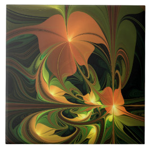 Fantasy Plant Abstract Green Rust Brown Fractal Ceramic Tile