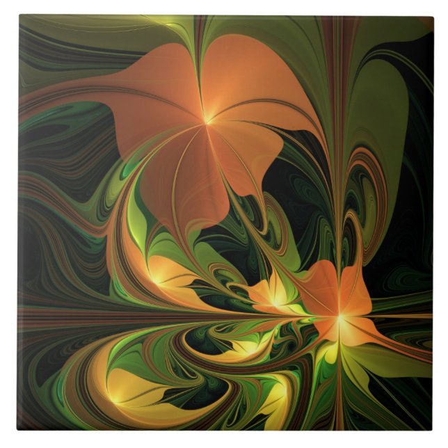 Fantasy Plant Abstract Green Rust Brown Fractal Ceramic Tile (Front)