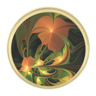 Fantasy Plant Abstract Green Rust Brown Fractal Gold Finish Lapel Pin
