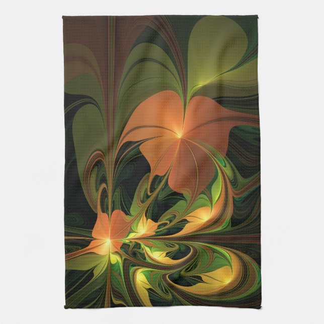 Fantasy Plant Abstract Green Rust Brown Fractal Kitchen Towel (Vertical)