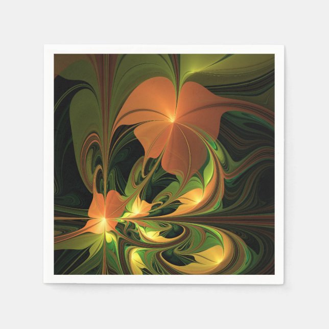 Fantasy Plant Abstract Green Rust Brown Fractal Napkins (Front)