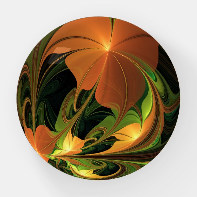 Fantasy Plant Abstract Green Rust Brown Fractal Paperweight (Front)