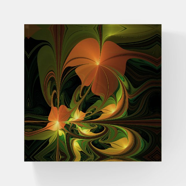 Fantasy Plant Abstract Green Rust Brown Fractal Paperweight (Front)