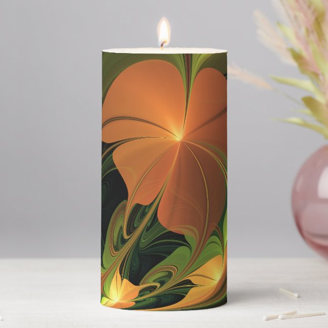 Fantasy Plant Abstract Green Rust Brown Fractal Pillar Candle (In Situ)