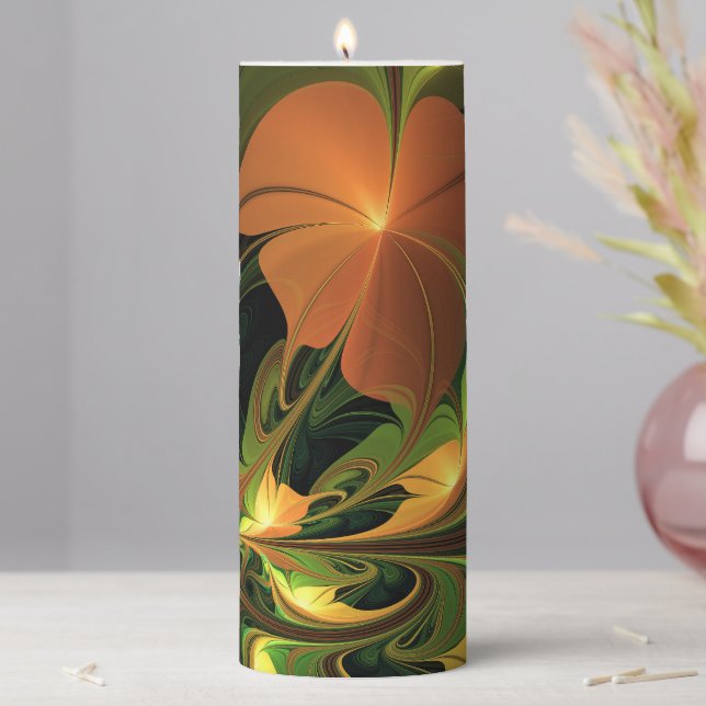 Fantasy Plant Abstract Green Rust Brown Fractal Pillar Candle (In Situ)